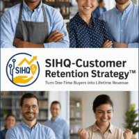 Business professionals smiling and collaborating, representing successful customer retention results, alongside the SIHQ logo and title “SIHQ–Customer Retention Strategy™: Turn One-Time Buyers into Lifetime Revenue.”