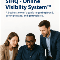 Business guide cover titled “SIHQ–Online Visibility System™” showing three professionals reviewing online visibility data on a laptop, with the SIHQ logo at the top and a subtitle about helping business owners get found, trusted, and hired.