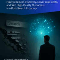 Cover of the SIHQ–AI Search Survival System™ guide showing a business professional standing between a collapsing traditional search engine and a bright AI-powered discovery interface, symbolizing the shift from SEO decline to AI-driven visibility.