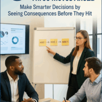 Business team analyzing strategic moves on a whiteboard, illustrating thinking three moves ahead in decision-making