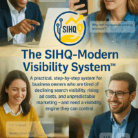Business professionals using modern visibility systems—AI answers, social video, weekly email, and real conversations—displayed around the SIHQ logo with the title “The SIHQ-Modern Visibility System™.” The cover visually represents business owners rebuilding visibility in the AI era.