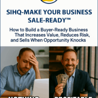 Cover image for the SIHQ–Make Your Business Sale-Ready™ guide showing a stressed business owner with “Nothing to Sell” and a confident owner with “Profitable Exit,” illustrating the difference between an owner-dependent business and a buyer-ready business.