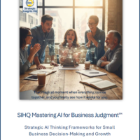 A diverse group of five professionals in a modern, sunlit office gathered around a wooden table, looking with excitement and "aha" expressions at a glowing digital network diagram hovering above a tablet.
